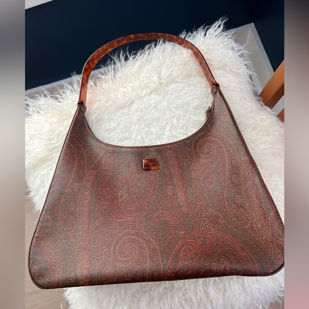Vintage Etro Brown Paisley-Print Shoulder Bag with Tortoiseshell Handle